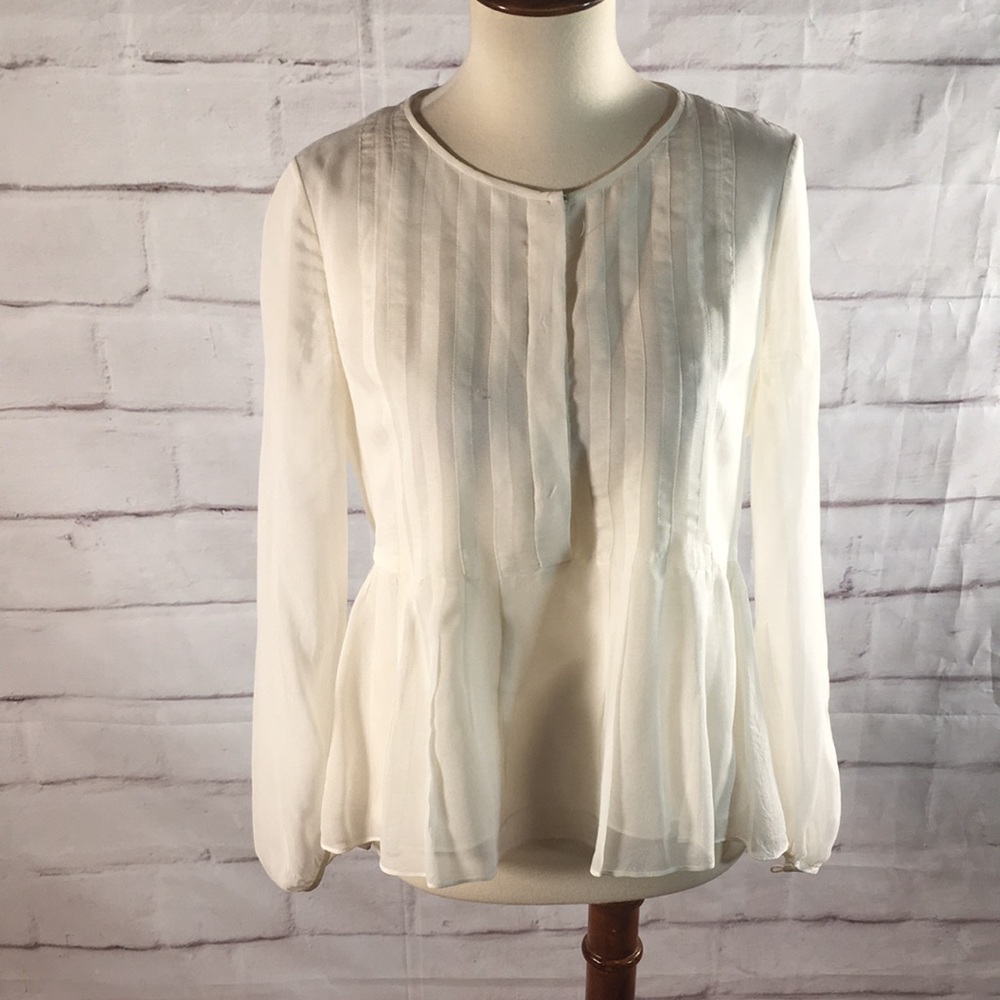 Diane Von Furstenberg Ivory Long-Sleeve Pleated Peplum Blouse